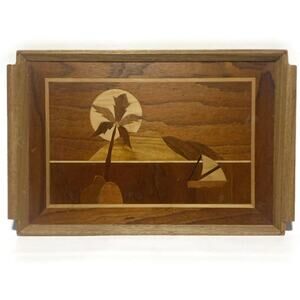 Inlaid Wood Serving Tray Sailboat Island Motif Vintage 1980 18.5" x 12.5"